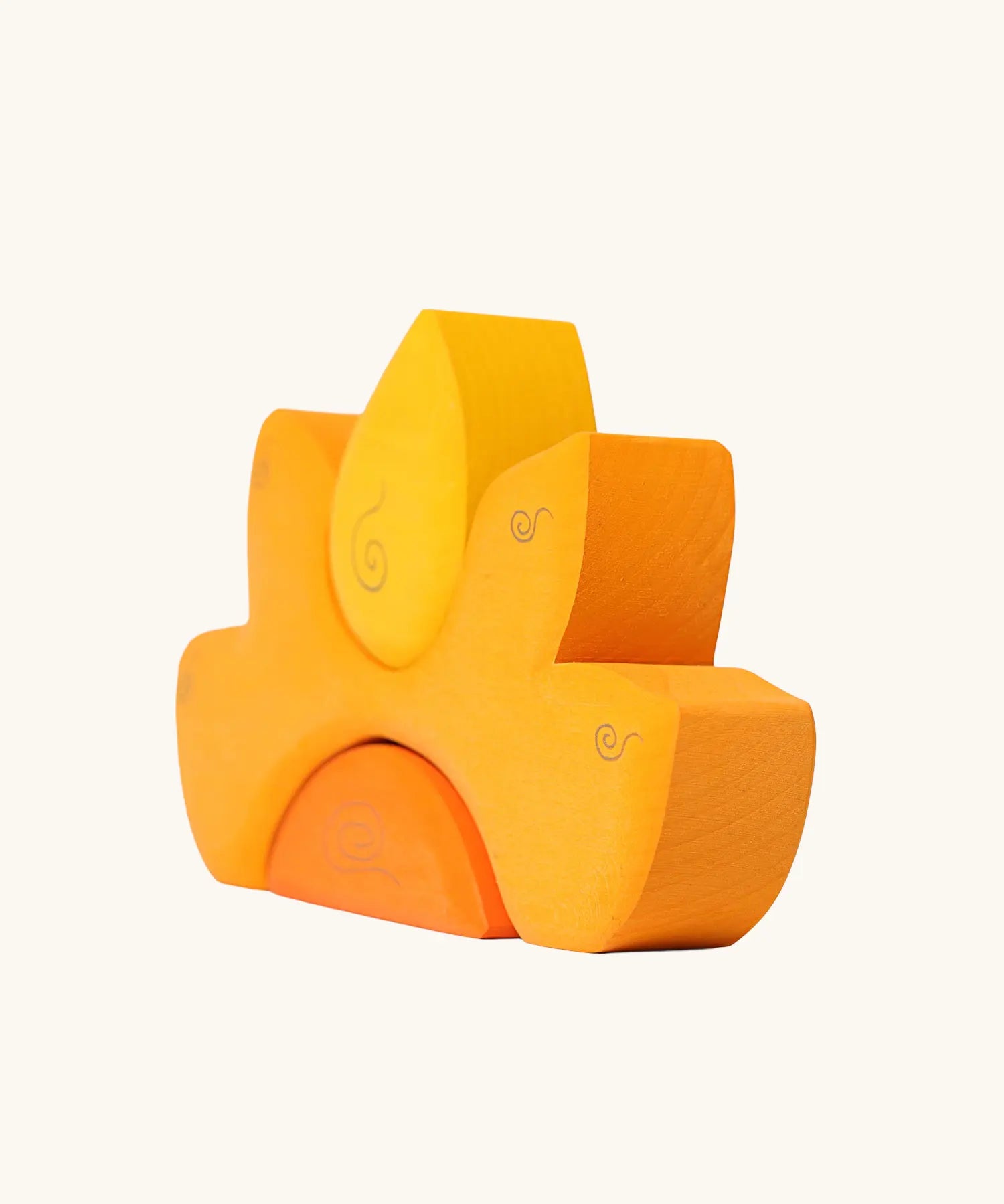 Side view of the Grimm's casa sole sun shaped wooden stacking toy. Three piece puzzle.
