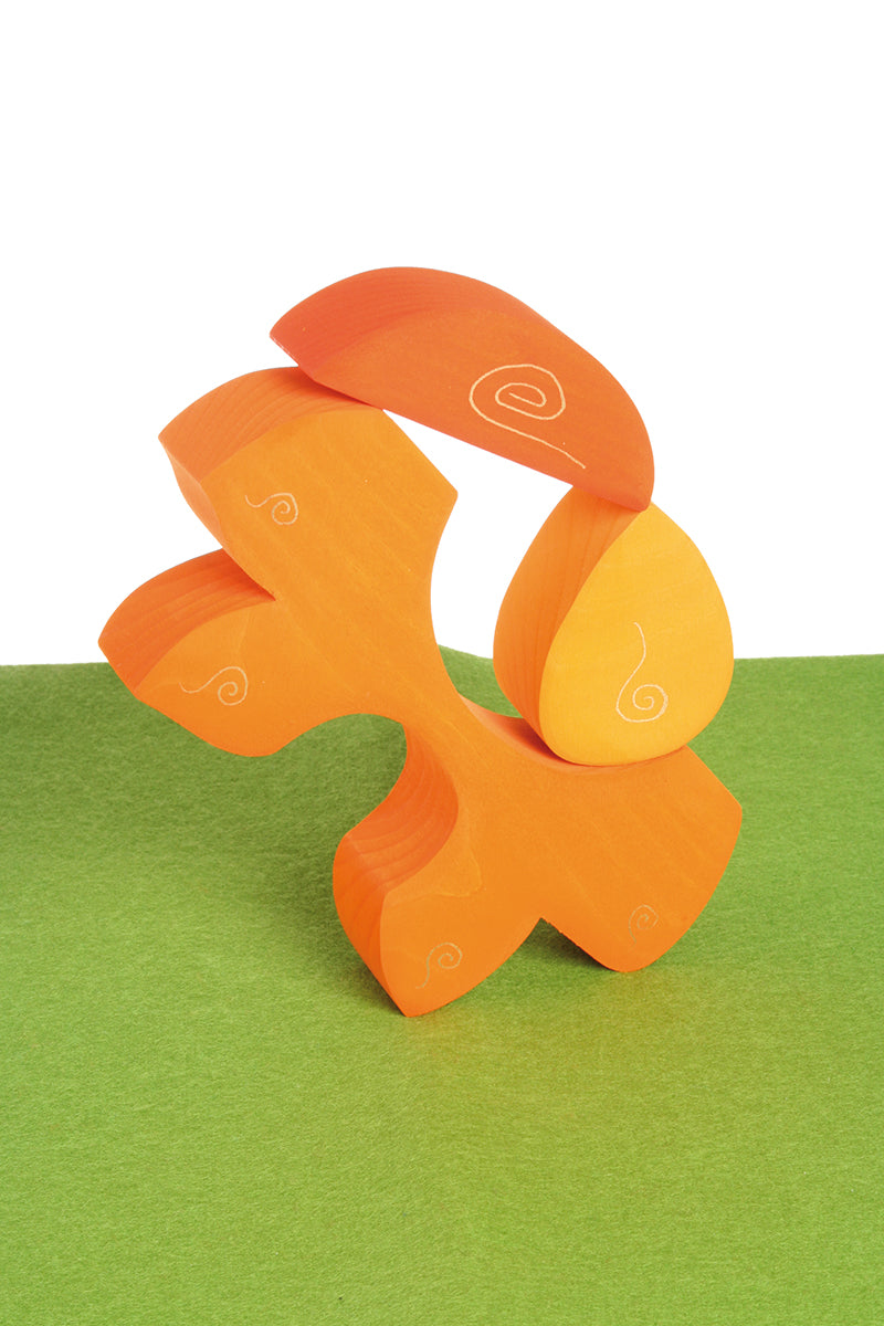 Grimm's casa sole wooden toy stacking puzzle. Three piece orange block puzzle.