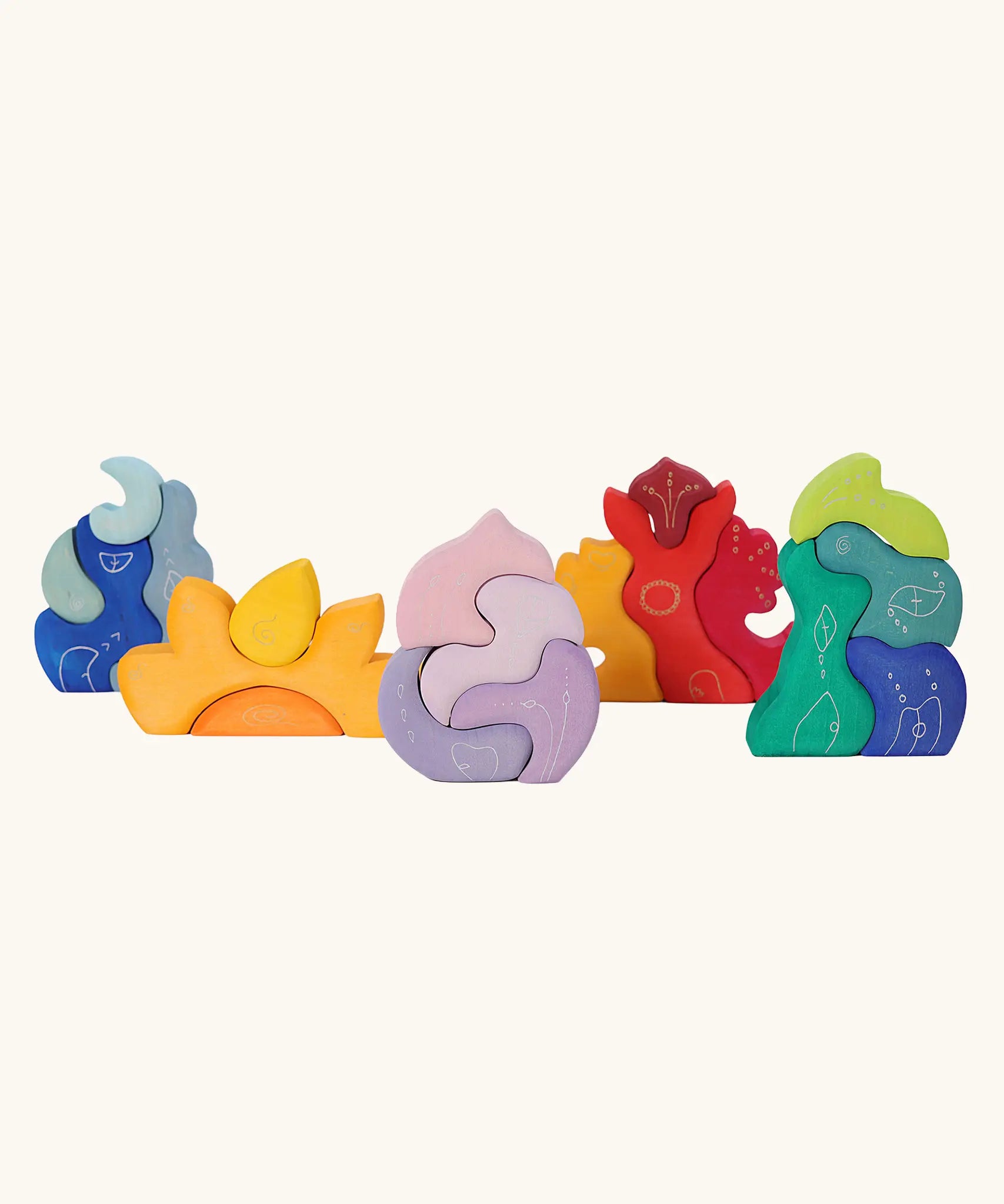 Collection of Grimm's casa wooden stacking puzzle toys. 
