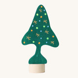Grimm's Christmas Tree Celebration Ring Decoration. A green coloured fir tree with hand drawn gold star, orange, blue and green coloured baubles.  These Waldorf inspired decorative figures are part of a wide range of wooden decorations for celebration rings available here at Babipur.
