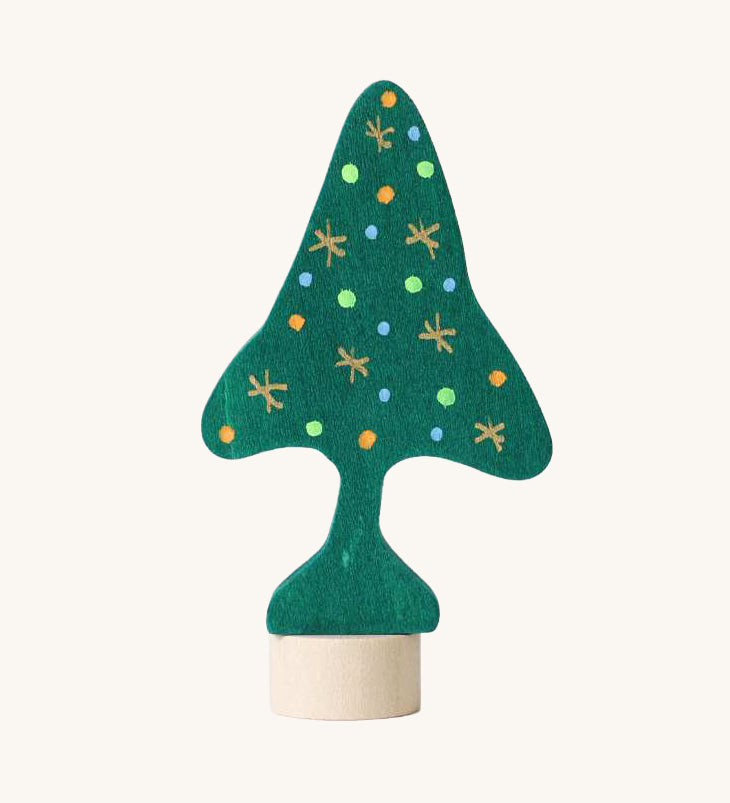 Grimm's Christmas Tree Celebration Ring Decoration. A green coloured fir tree with hand drawn gold star, orange, blue and green coloured baubles.  These Waldorf inspired decorative figures are part of a wide range of wooden decorations for celebration rings available here at Babipur.