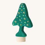 Grimm's Christmas Tree Celebration Ring Decoration. A green coloured fir tree with hand drawn gold star, orange, blue and green coloured baubles.  These Waldorf inspired decorative figures are part of a wide range of wooden decorations for celebration rings available here at Babipur.