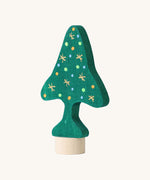 Grimm's Christmas Tree Celebration Ring Decoration. A green coloured fir tree with hand drawn gold star, orange, blue and green coloured baubles.  These Waldorf inspired decorative figures are part of a wide range of wooden decorations for celebration rings available here at Babipur.