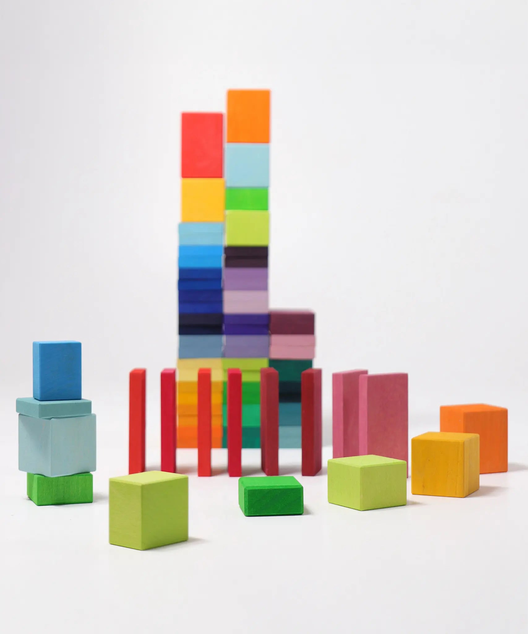 Grimm's colour charts rally wooden toy set. 74 piece rainbow coloured block set.