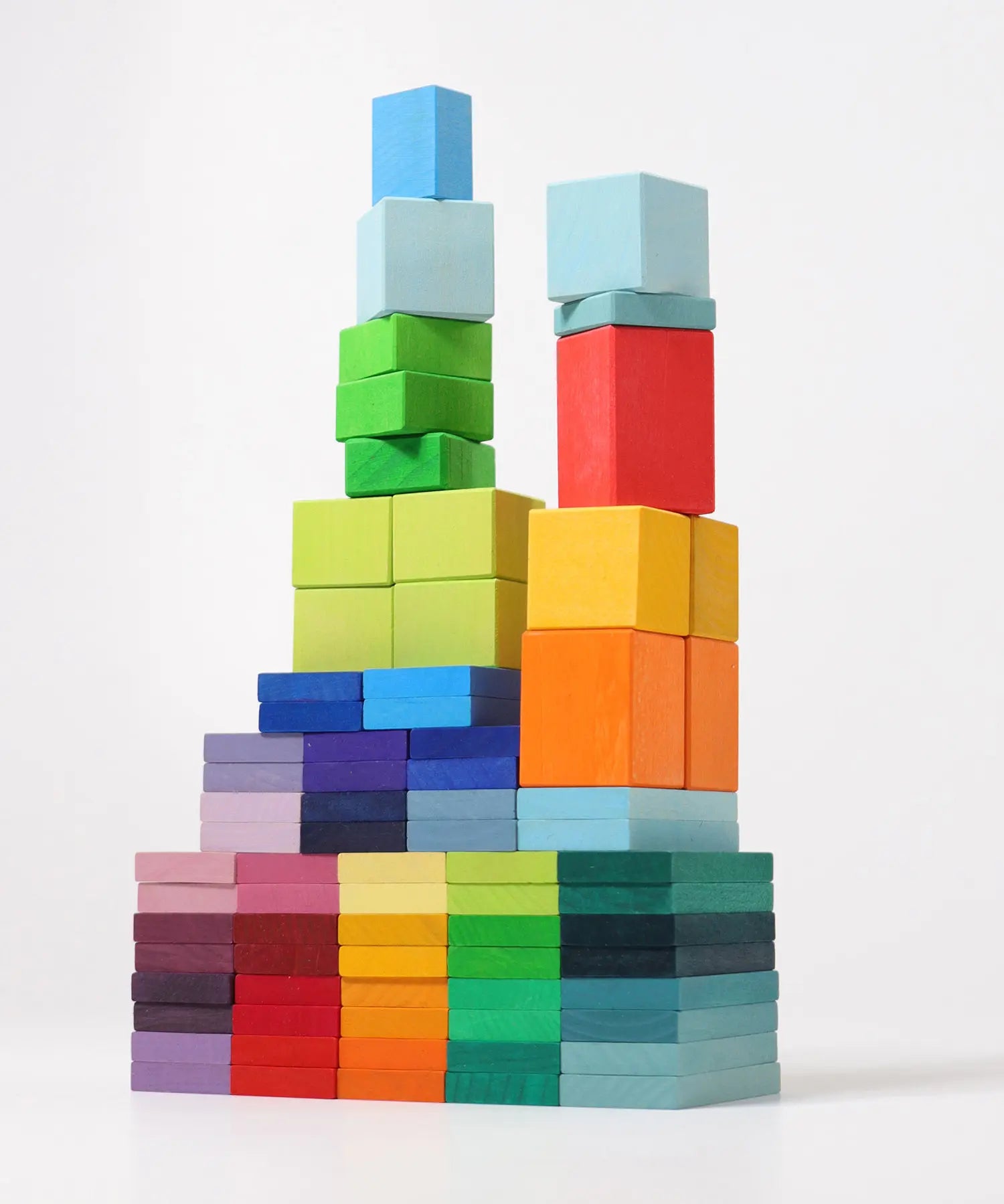 Grimm's colour charts rally wooden toy set. 74 piece rainbow coloured block set.