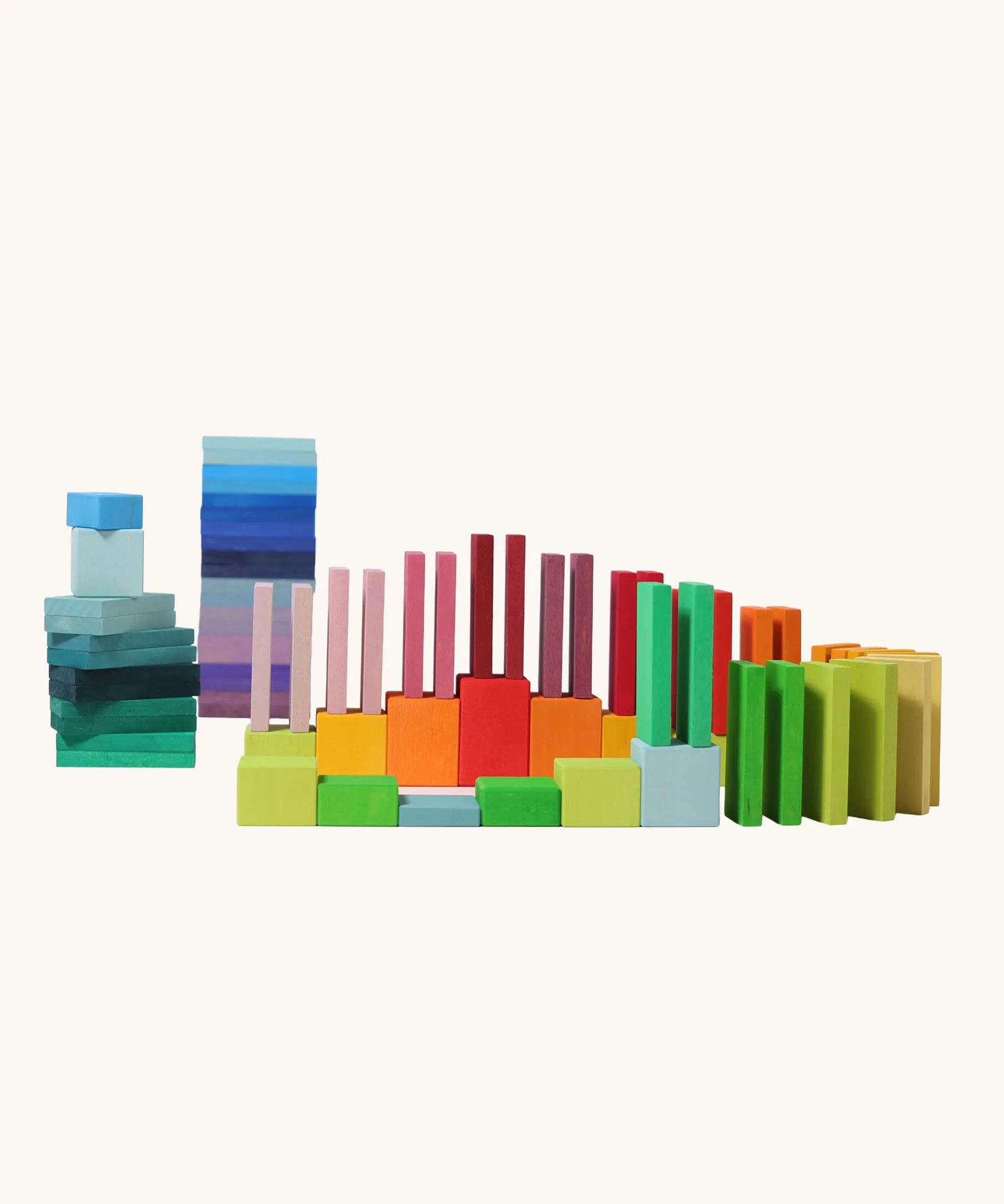 Grimm's colour charts rally wooden toy set. 74 piece rainbow coloured block set.