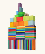 Tower built with the Grimm's colour charts rally wooden toy set. 74 piece rainbow coloured block set.