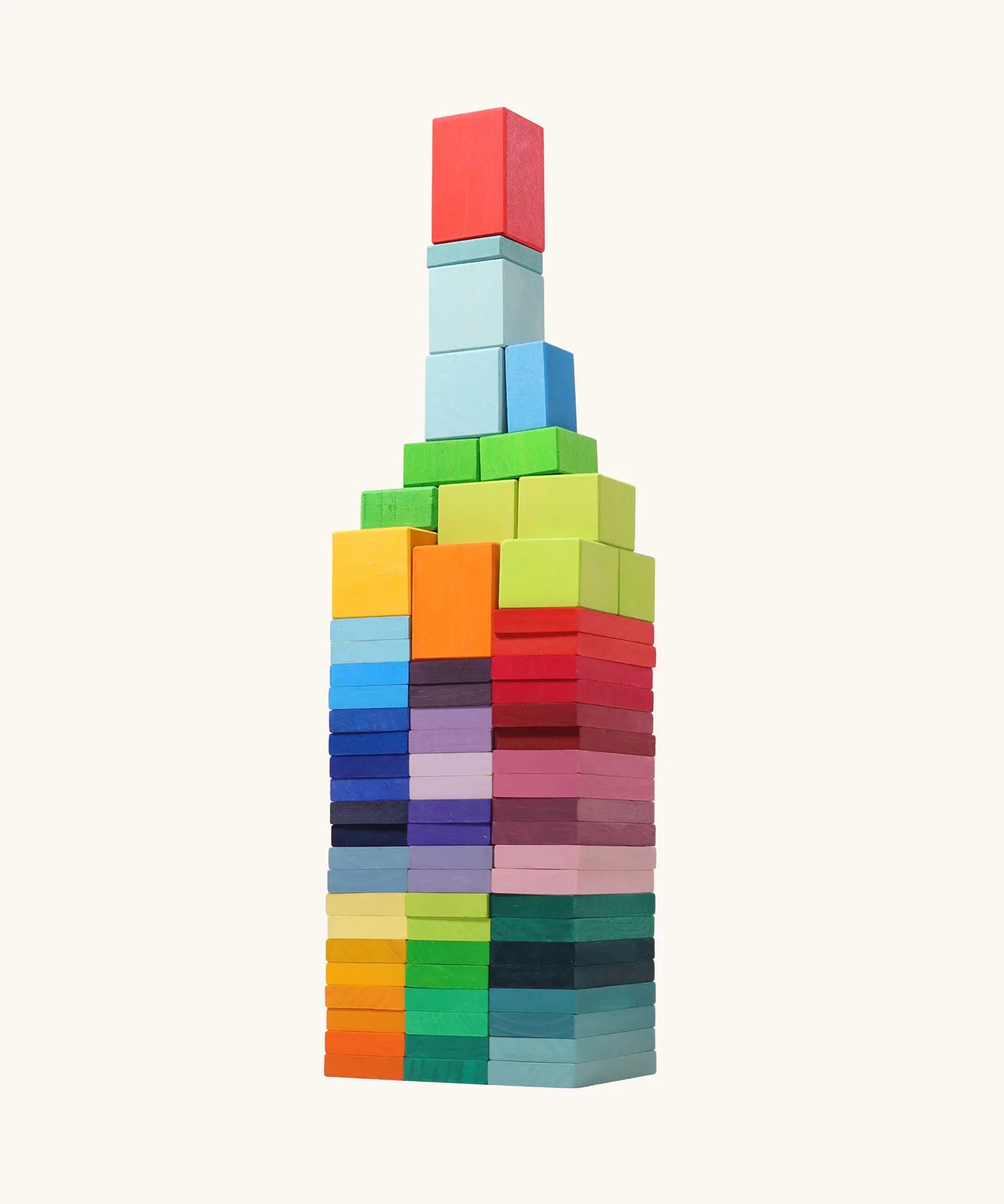 Tower built from the Grimm's colour charts rally wooden toy set. 74 piece rainbow coloured block set.