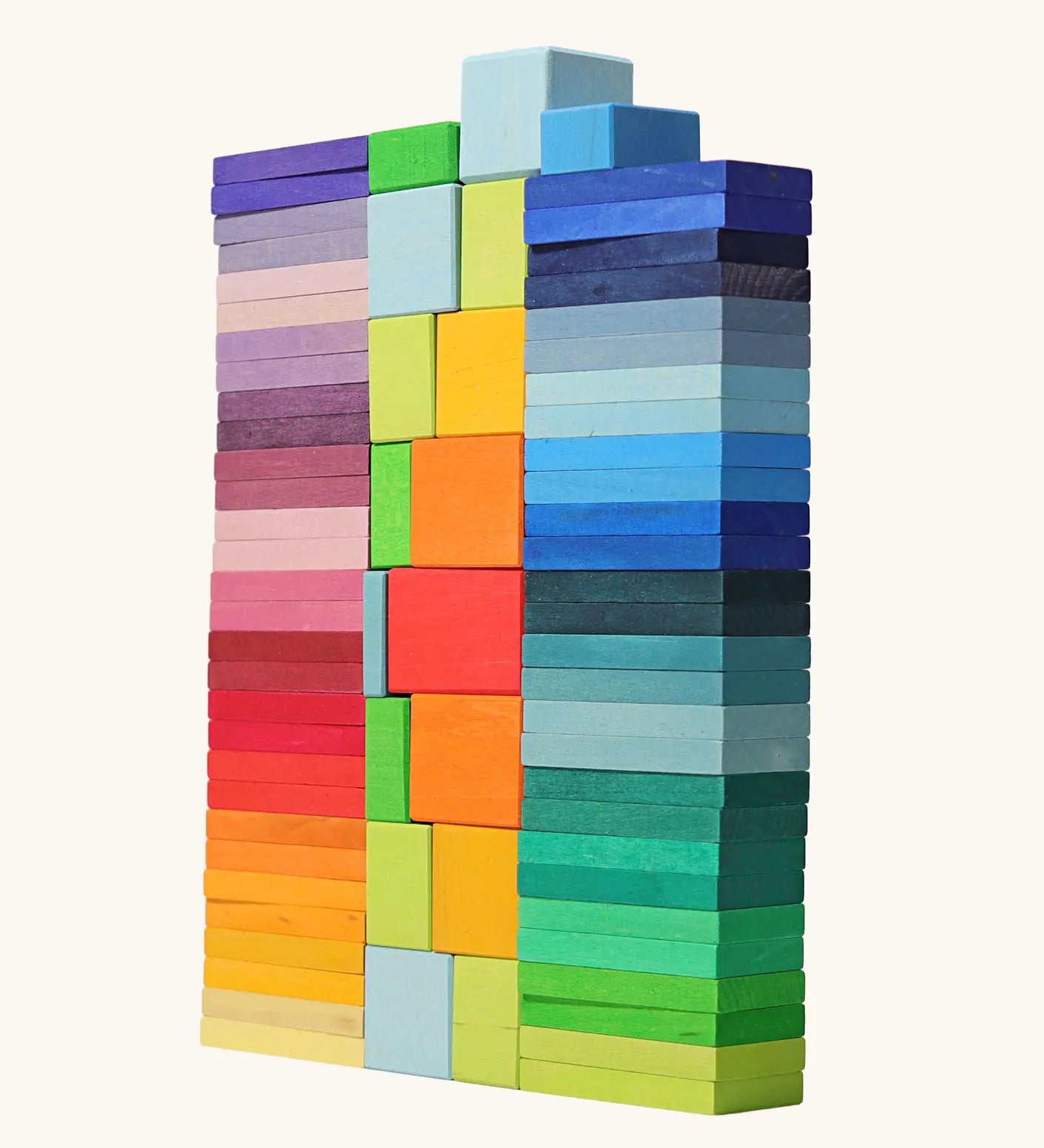 Grimm's colour charts rally wooden toy set. 74 piece rainbow coloured block set.