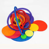 A 3D structure made from the rings and standing on the disks of the Grimms concentric set in the counting by colour palette