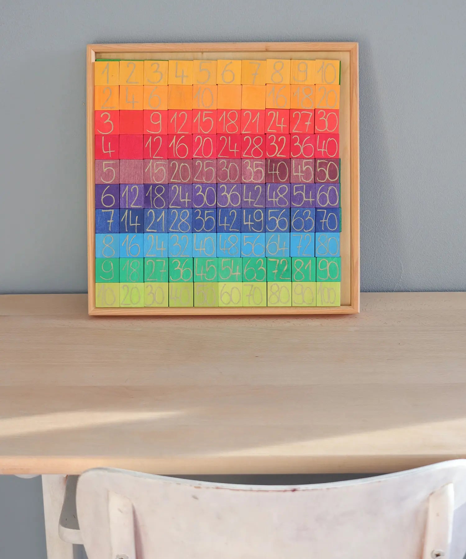 A Grimm's counting with colours educational block set in the frame standing upright on a desk