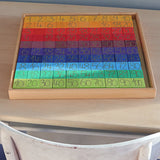 A Grimm's counting with colours educational set showing the blocks sitting in the wooden tray on a desk