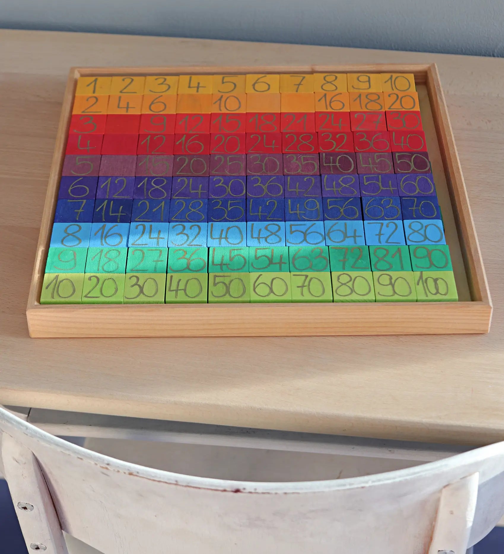 A Grimm's counting with colours educational set showing the blocks sitting in the wooden tray on a desk