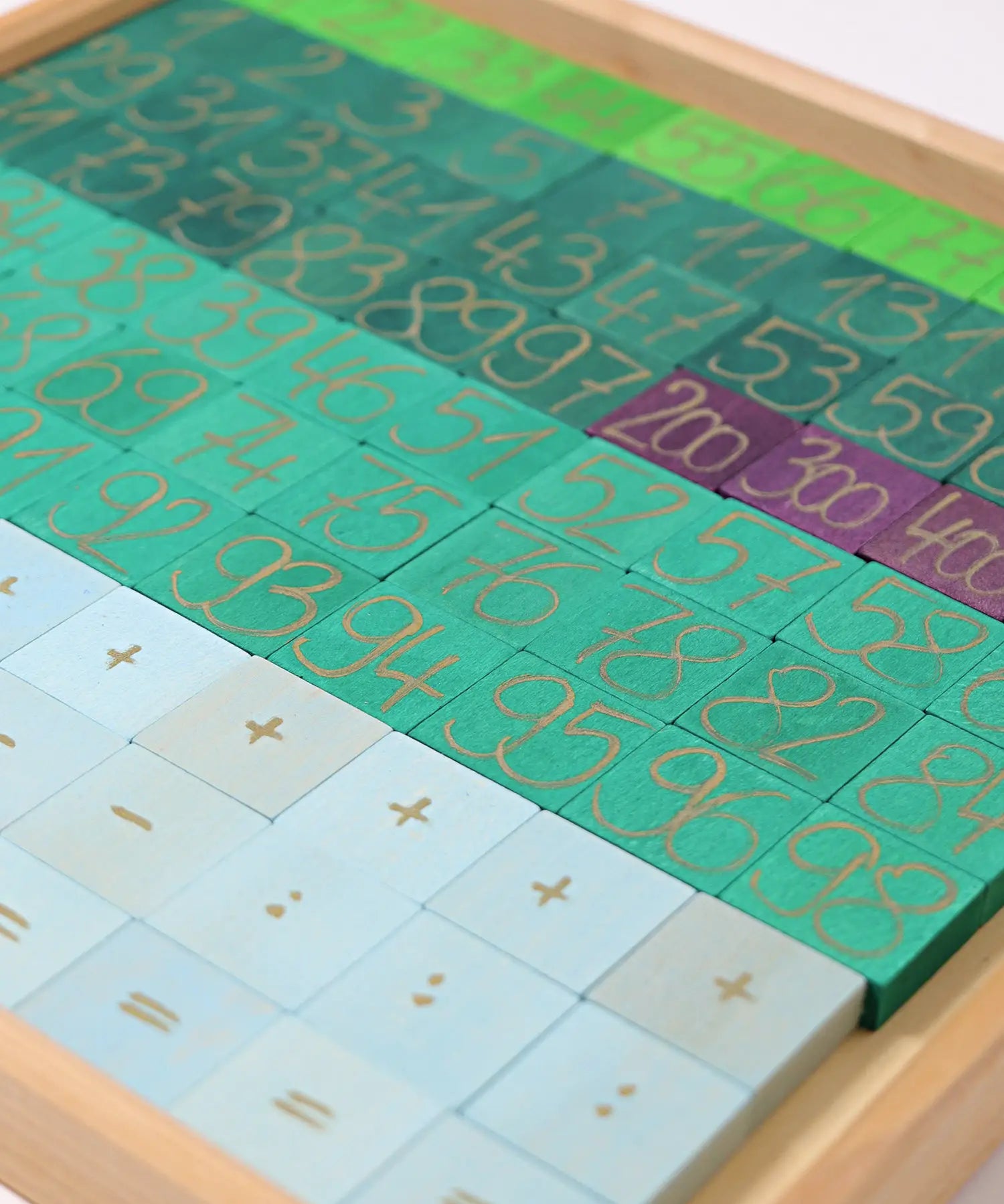 A Grimm's counting with colours educational block set showing second layer of blocks with numbers and symbols
