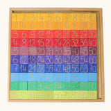 A Grimm's counting with colours set. 200 handcrafted wooden blocks sit in a tray in two layers. Educational toy for making sums