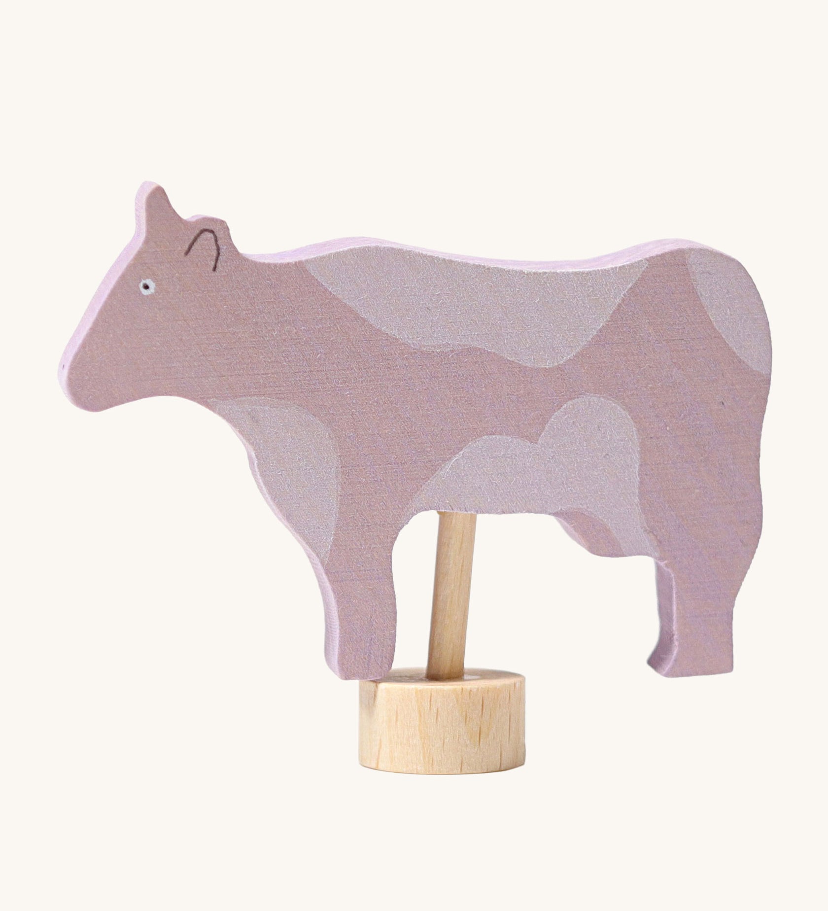 Grimm's Cow With Flecks Decorative Figure. A purple cow with light coloured patches. A wooden figure to fit onto the Grimm's celebration ring. These Waldorf inspired decorative figures are part of a wide range of wooden decorations for celebration rings available here at Babipur. 