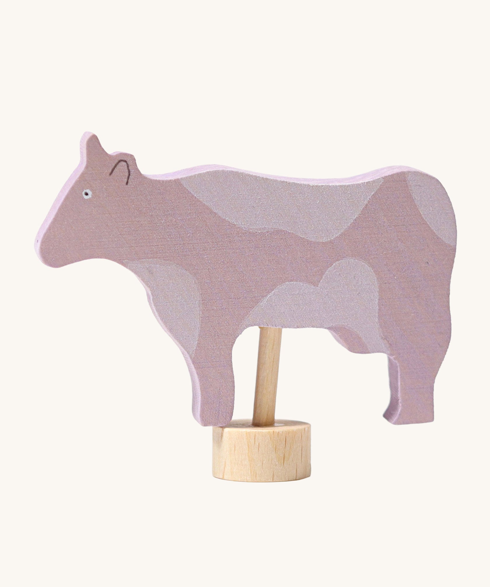 Grimm's Cow With Flecks Decorative Figure. A purple cow with light coloured patches. A wooden figure to fit onto the Grimm's celebration ring. These Waldorf inspired decorative figures are part of a wide range of wooden decorations for celebration rings available here at Babipur. 