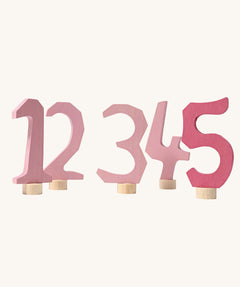 Grimm's Decorative Numbers Set 1-5 in shades of Pink. A wide range of Waldorf inspired celebration rings and decorative figures are available at Babipur.