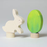 Grimm's Easter Decorative Figure Set featuring a white bunny rabbit a Batik Green coloured eggs. 