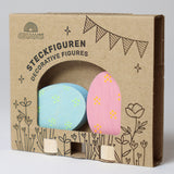 Grimm's Floral Duo pink and blue Easter Eggs Decorative Figure Set. The eggs are in the cardboard packaging sleeve. 