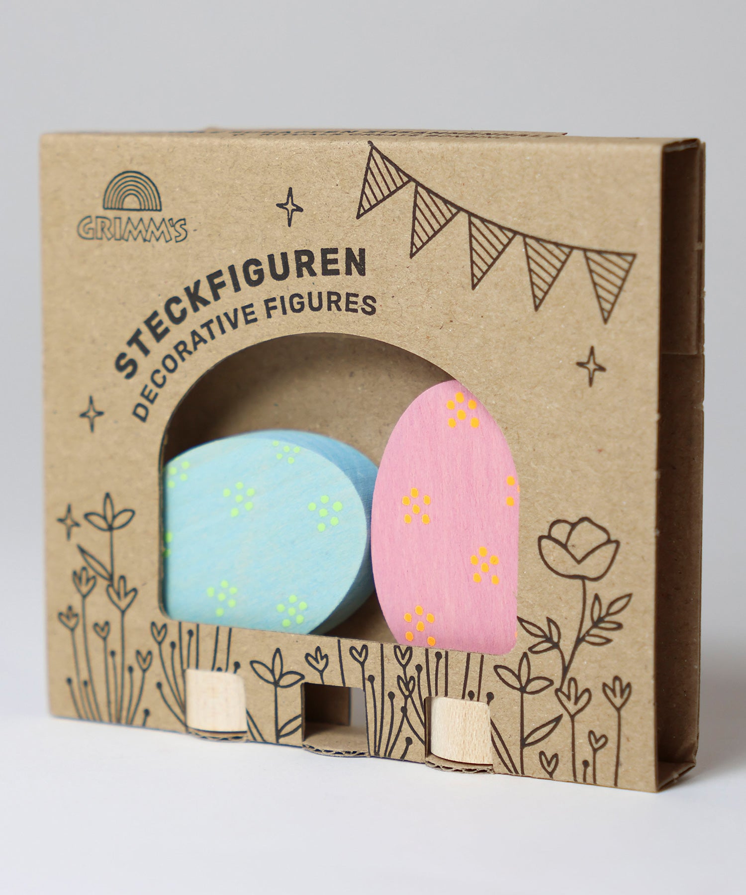 Grimm's Floral Duo pink and blue Easter Eggs Decorative Figure Set. The eggs are in the cardboard packaging sleeve. 