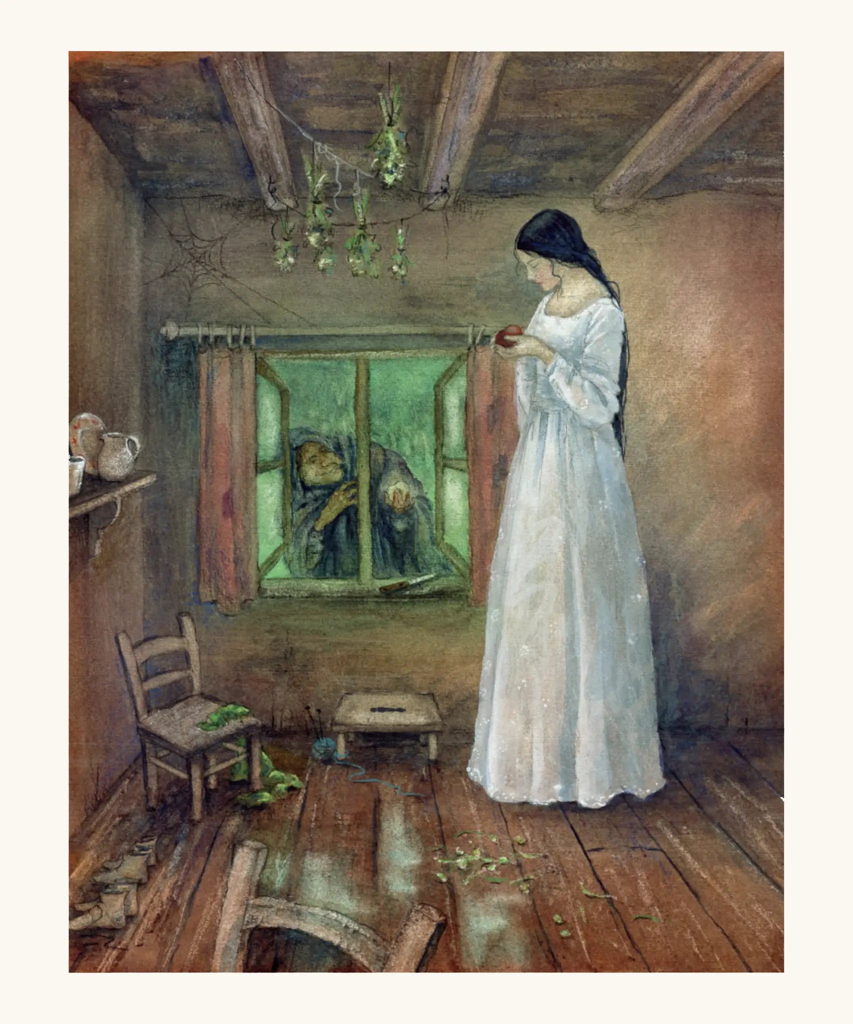 Page from An Illustrated Treasury of Grimm's Fairy Tales showing snow white illustration eating the apple from the witch