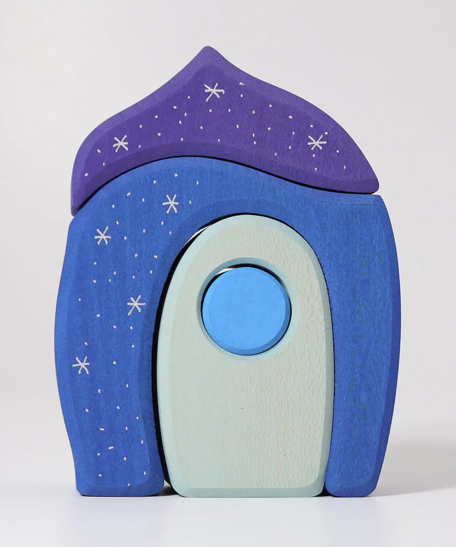 Blue and purple coloured creative blocks from the Grimms fairytale set showing hand painted silver stars on the front