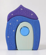Blue and purple coloured creative blocks from the Grimms fairytale set showing hand painted silver stars on the front
