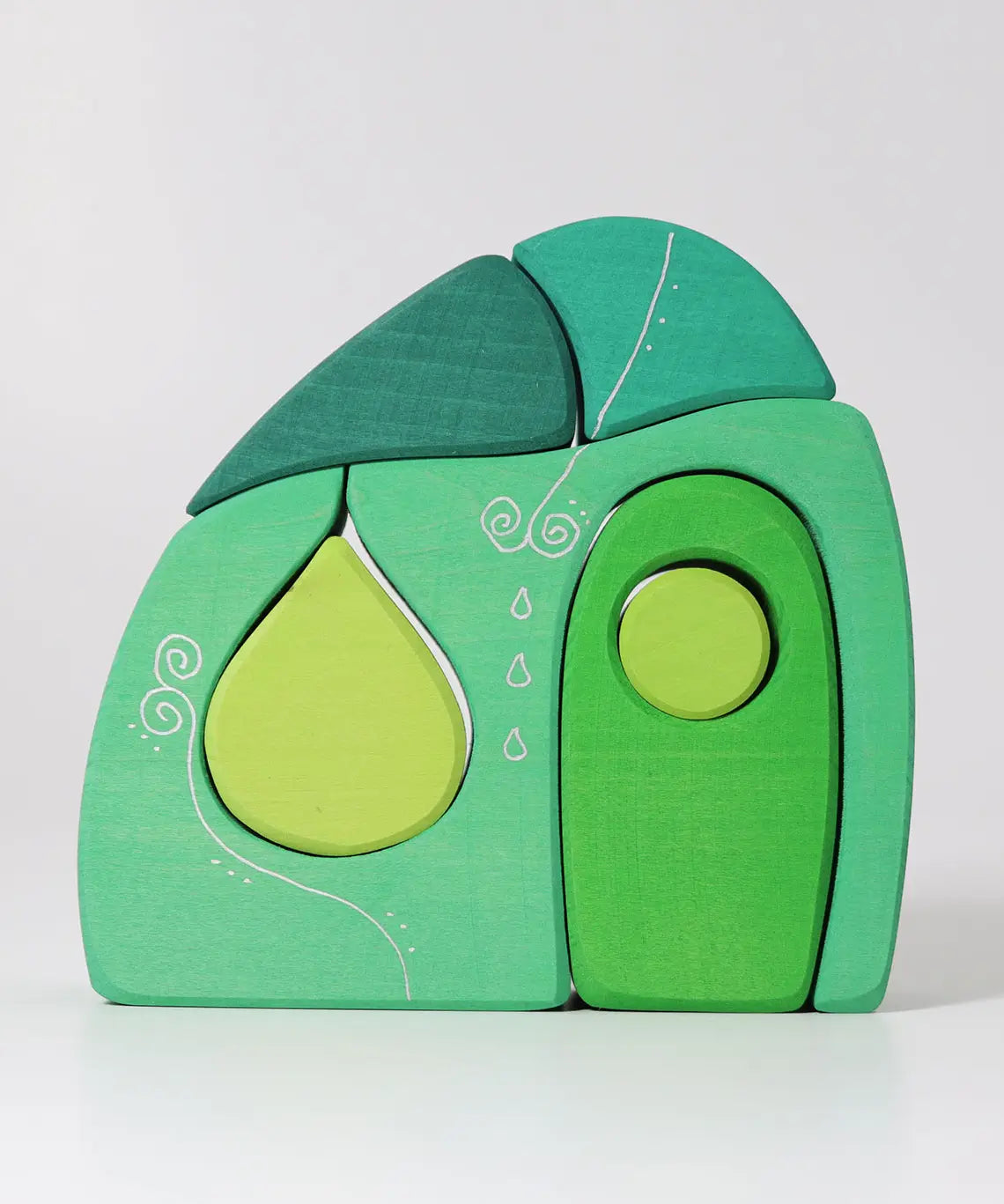 Shades of green creative blocks from the Grimms fairytale set showing hand painted silver decorative lines