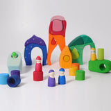 A playscene made from the Grimms fairytale village blocks and peg dolls
