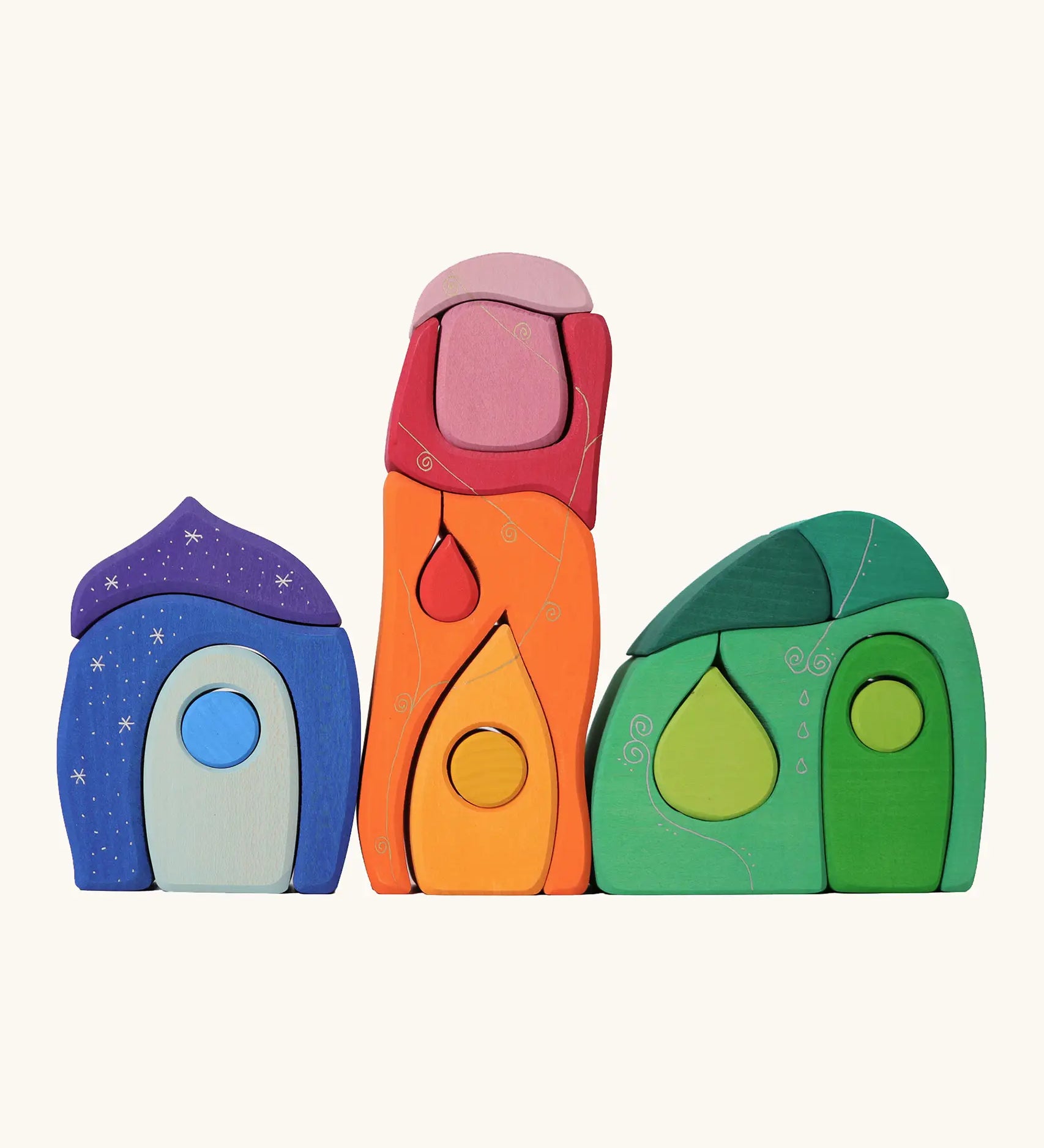Grimm's fairytale village set, includes tactile creative shaped blocks that can form buildings or furniture for little village dwellers