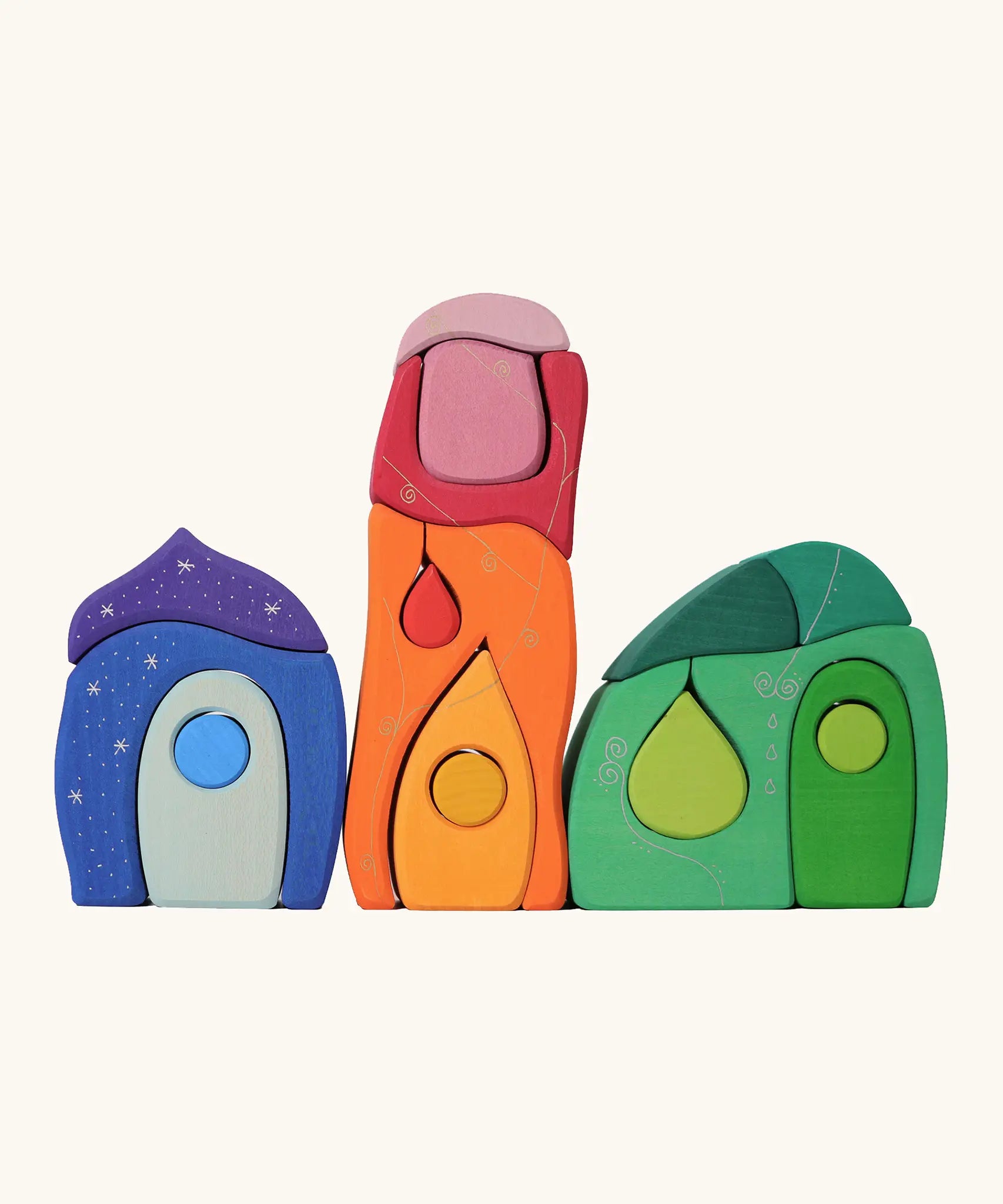 Grimm's fairytale village set, includes tactile creative shaped blocks that can form buildings or furniture for little village dwellers