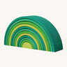 A Grimms forest large wooden rainbow 12 piece set available at Babipur. This set is hand made and hand painted in different shades of green.