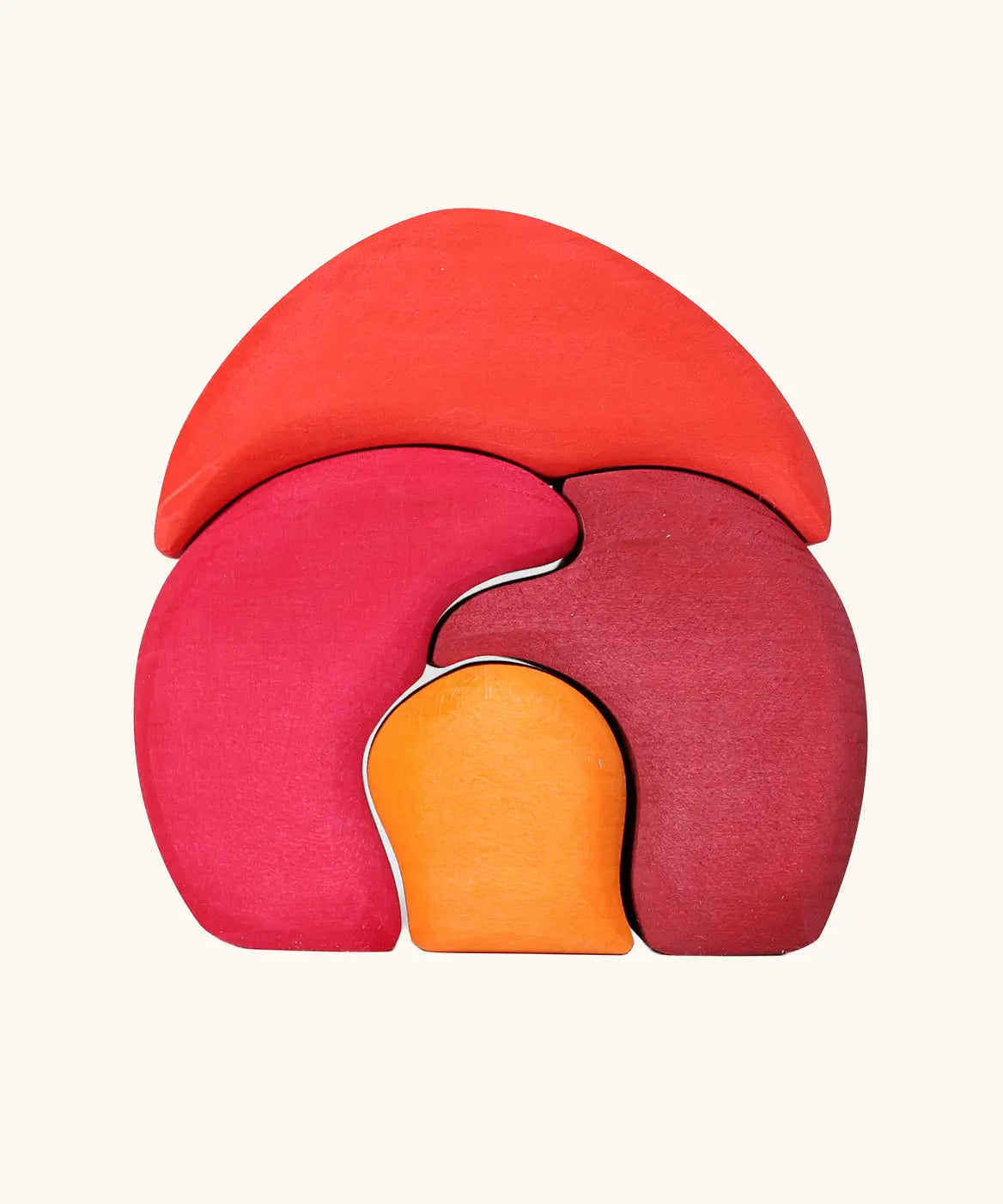 Back of Grimm's gnome house wooden stacking toy. 4 piece red and orange wooden block puzzle.
