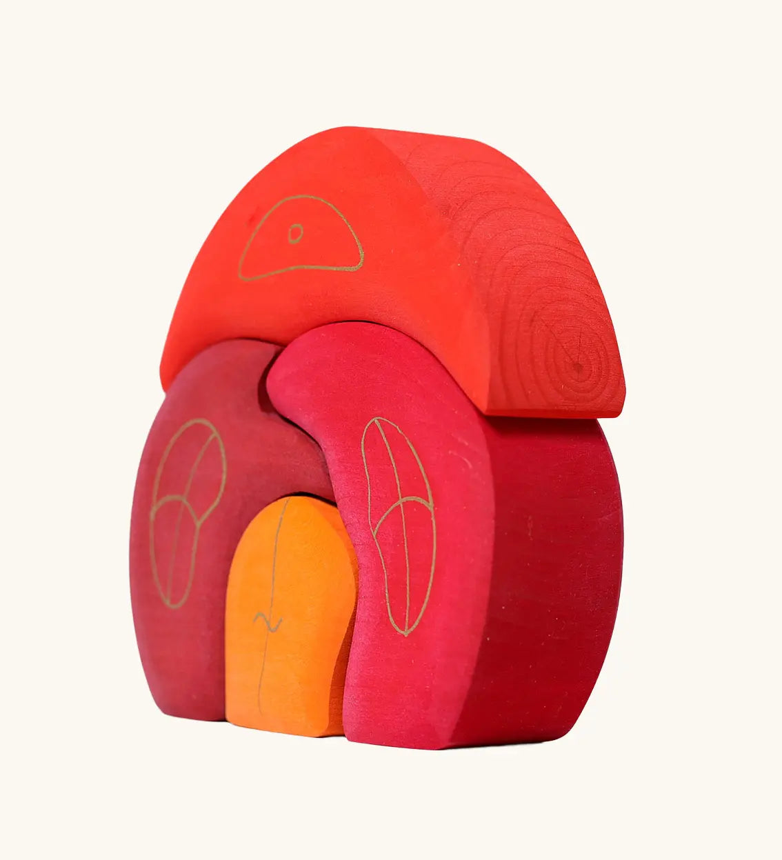 Side of Grimm's gnome house wooden stacking toy. 4 piece red and orange wooden block puzzle.