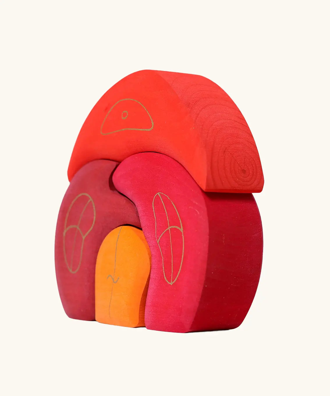 Side of Grimm's gnome house wooden stacking toy. 4 piece red and orange wooden block puzzle.