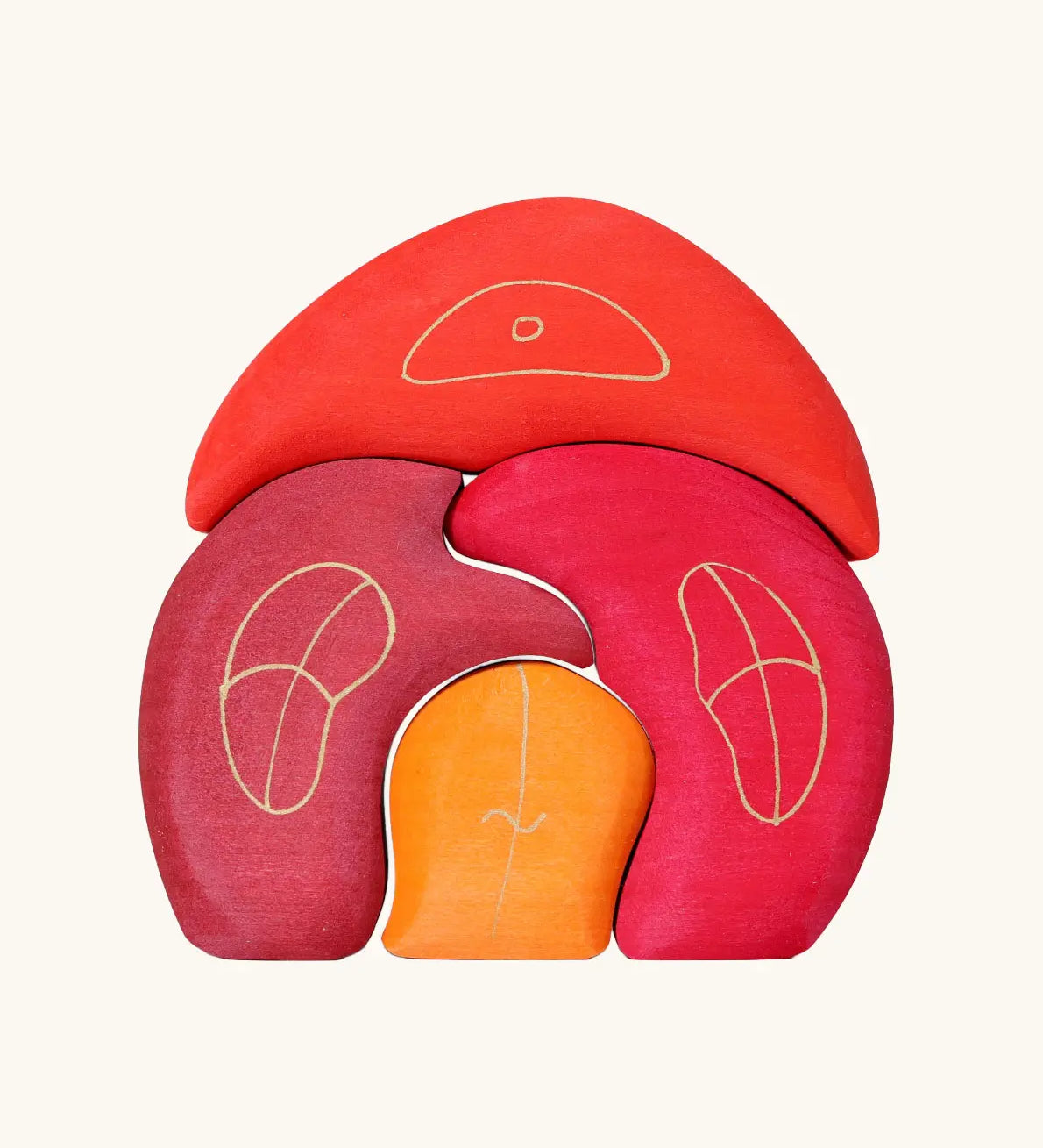 Grimm's gnome house wooden stacking toy. 4 piece red and orange wooden block puzzle.