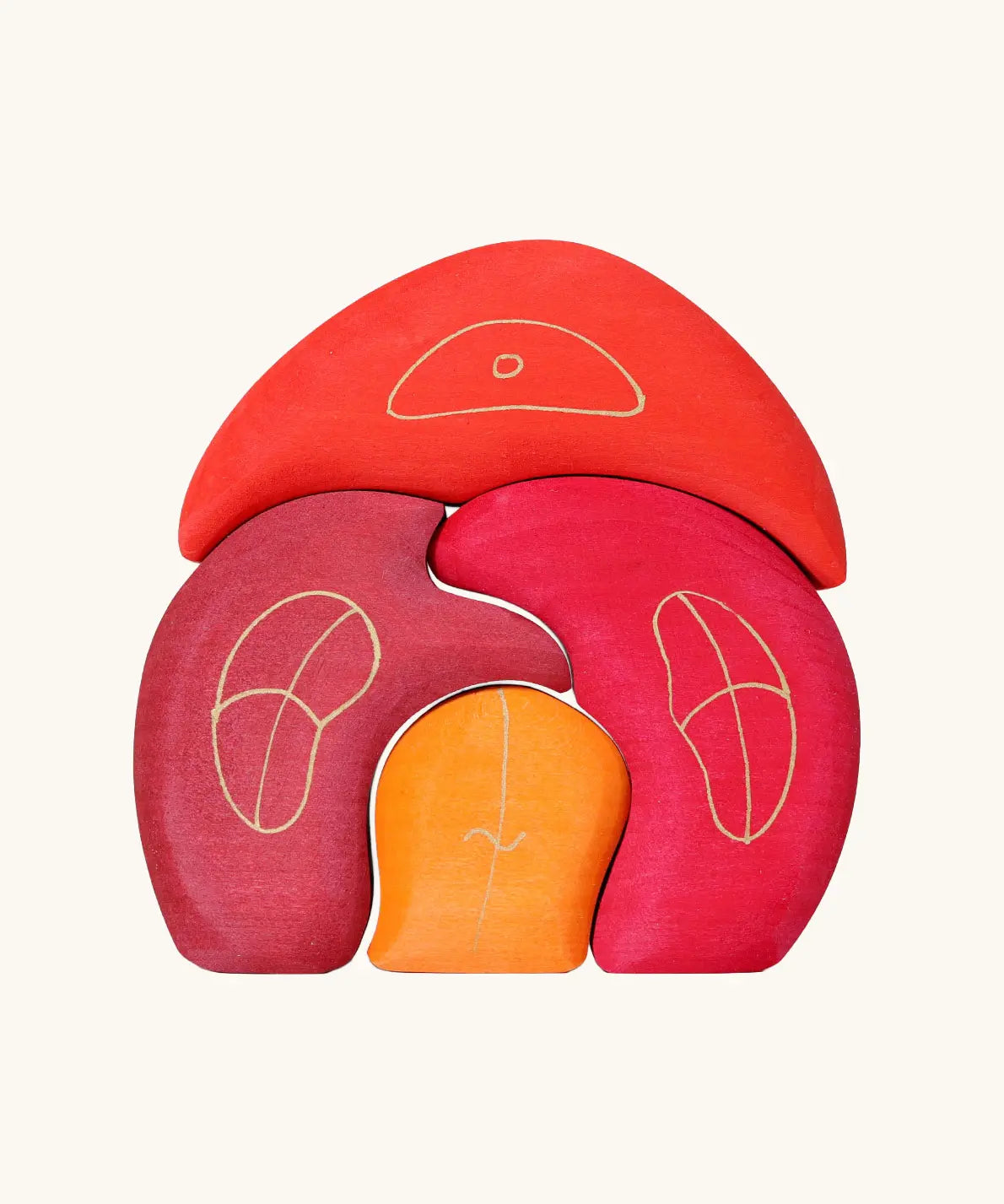 Grimm's gnome house wooden stacking toy. 4 piece red and orange wooden block puzzle.
