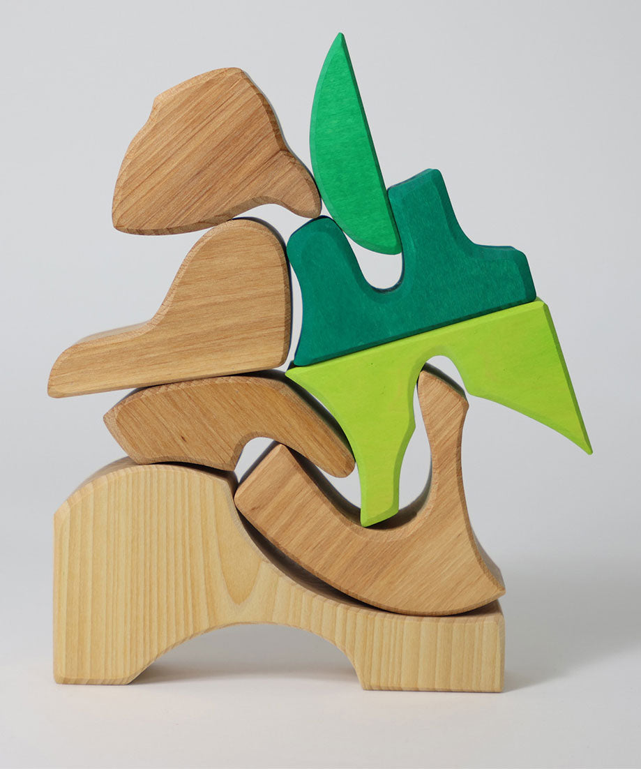 A stack created using the pieces from the Grimm's green squirrel building set. These Grimm's toys are part of a wide range of wooden toys available here at Babipur. 