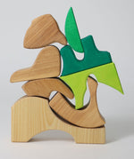 A stack created using the pieces from the Grimm's green squirrel building set. These Grimm's toys are part of a wide range of wooden toys available here at Babipur. 