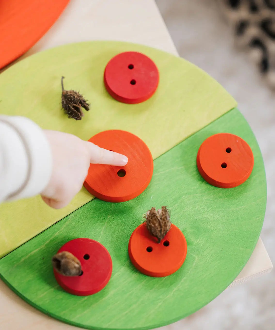 Child pointing at a wooden button piece on green Grimms semi circles