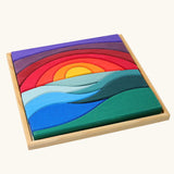 Grimm's landscape puzzle wooden toy set in a display storage tray. 