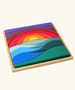 Grimm's landscape puzzle wooden toy set in a display storage tray. 