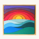 Grimm's landscape puzzle wooden toy set in a display storage tray. 
