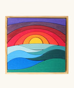 Grimm's landscape puzzle wooden toy set in a display storage tray. 