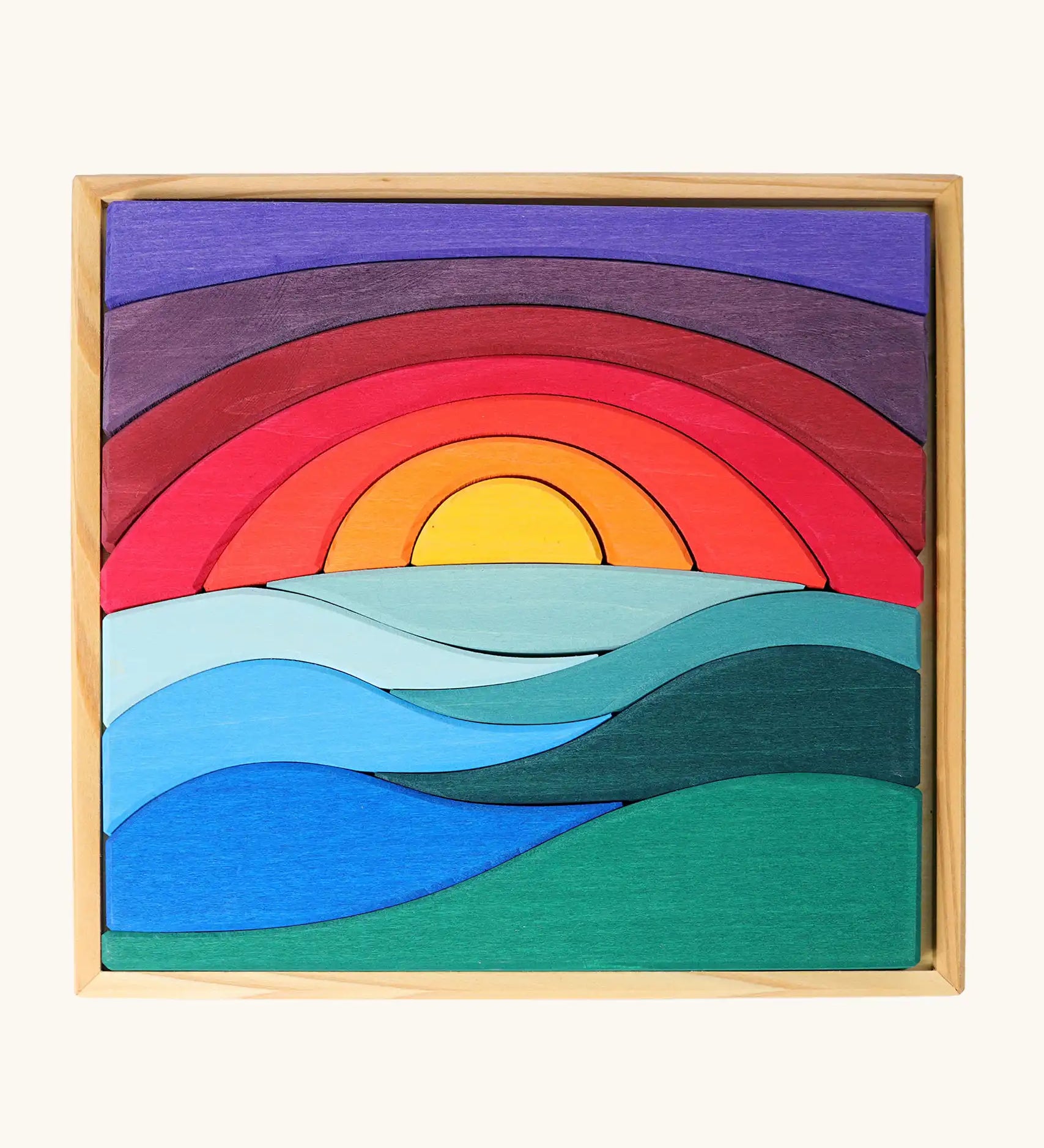 Grimm's landscape puzzle wooden toy set in a display storage tray. 