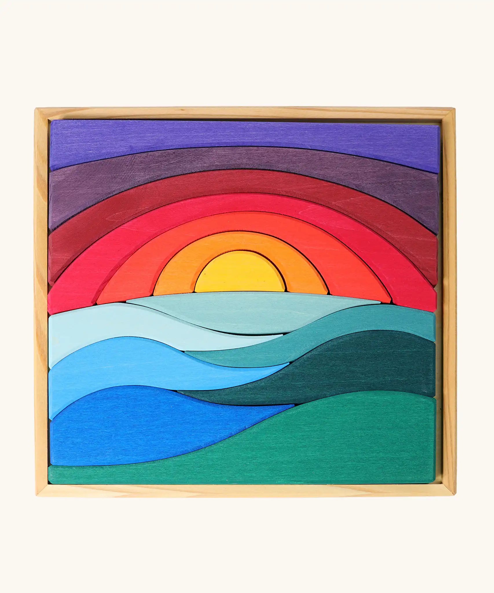Grimm's landscape puzzle wooden toy set in a display storage tray. 