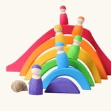 Rainbow elements from the Grimm's Large 4 Elements wooden Building Set used in a small world play set up with Grimm's friends.