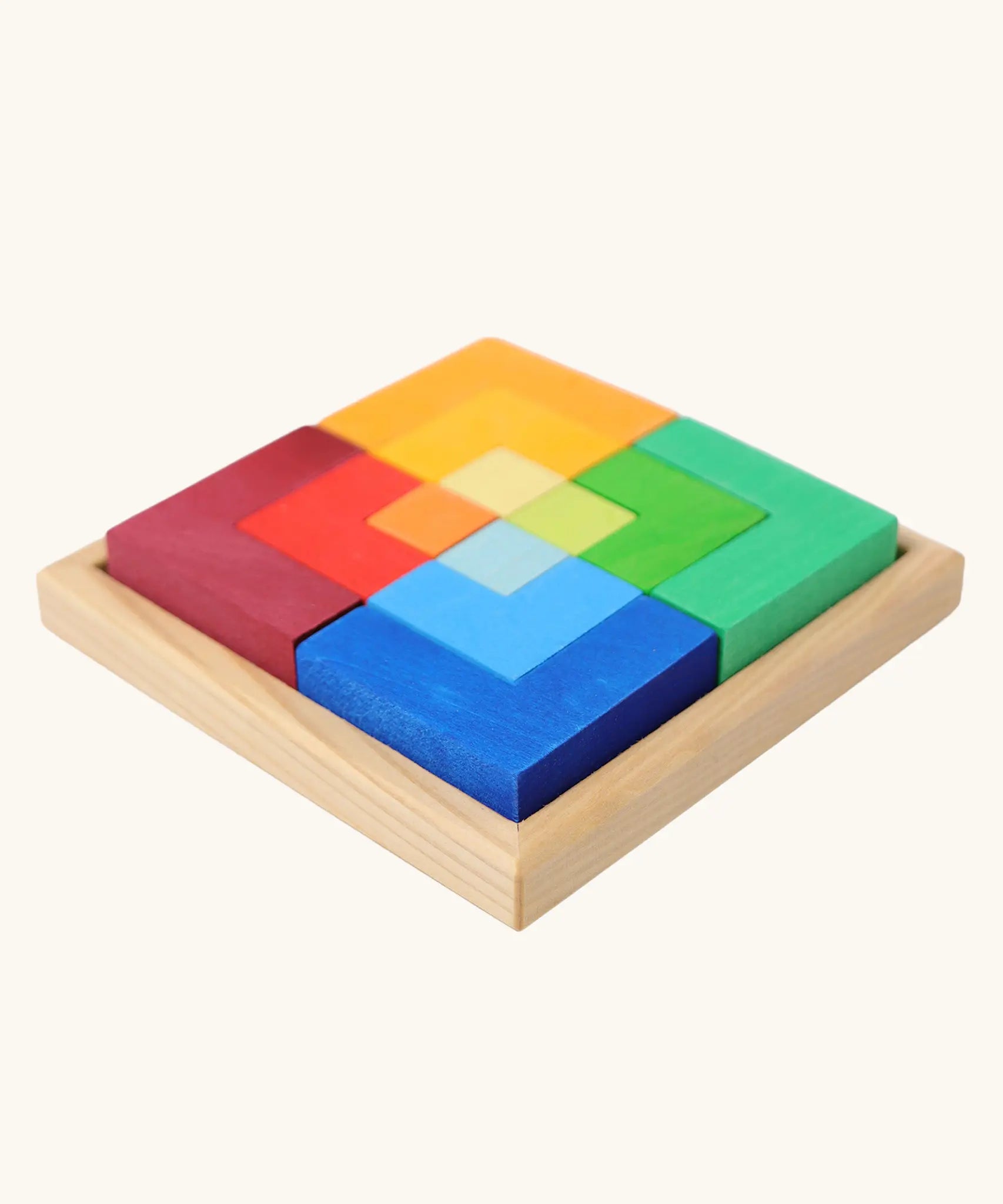 Grimm's large creative puzzle square wooden toy in a wooden storage display tray. 
