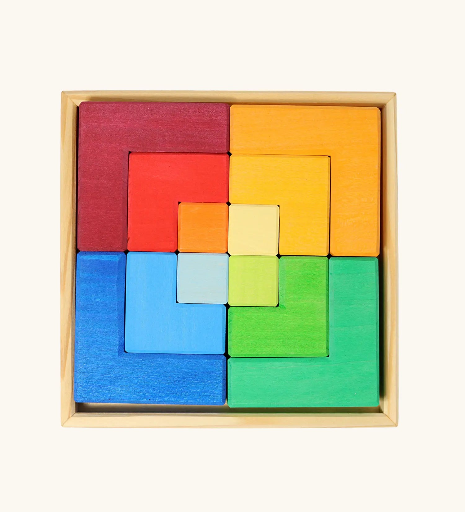 Grimm's large creative puzzle square wooden toy in a wooden storage display tray. 